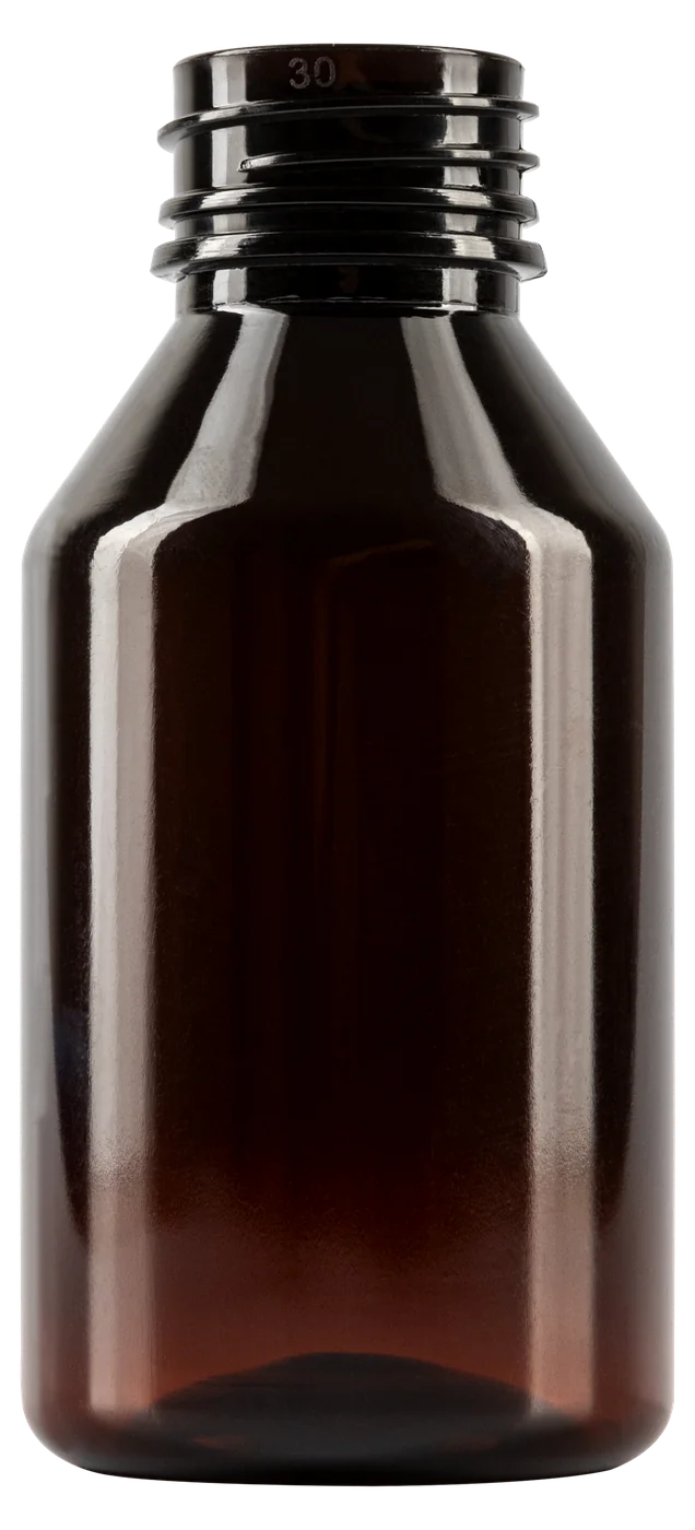 Amber PET bottle, 100 ml, blown from a 14 g preform