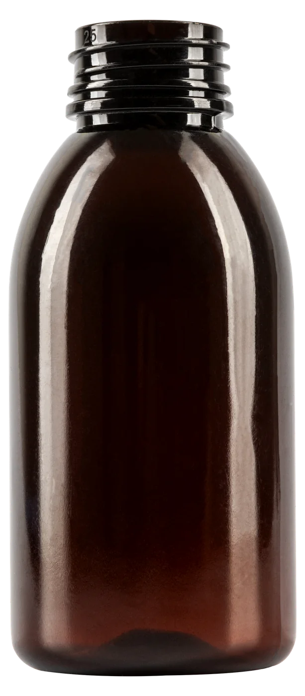 Amber PET bottle, 125 ml, blown from a 14 g preform