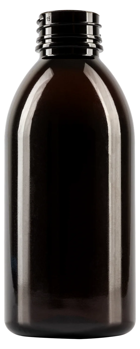 Amber PET bottle, 200 ml, blown from a 24 g preform
